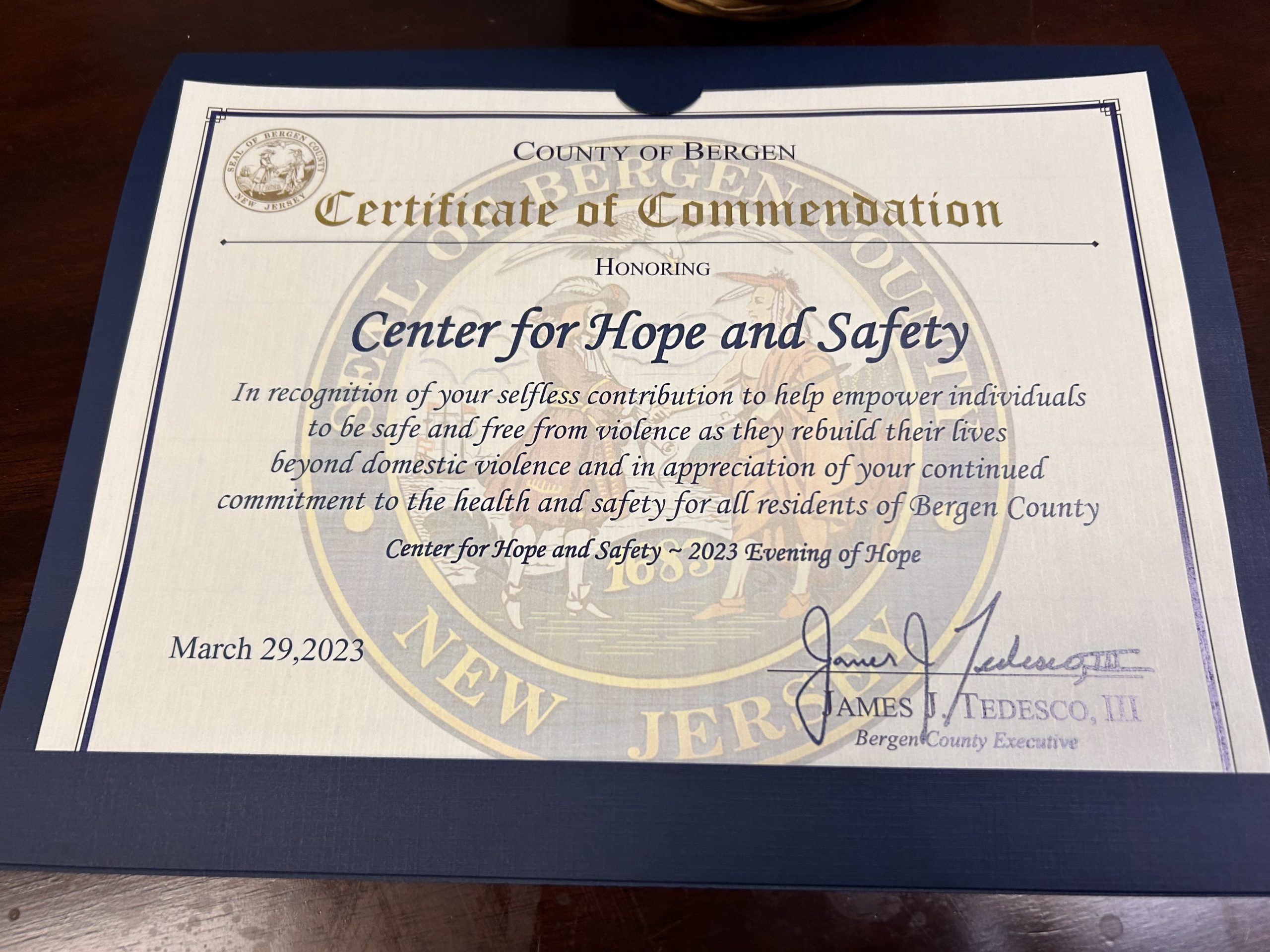 Certificate of Commendation from Bergen County Executive Jim Tedesco's office
