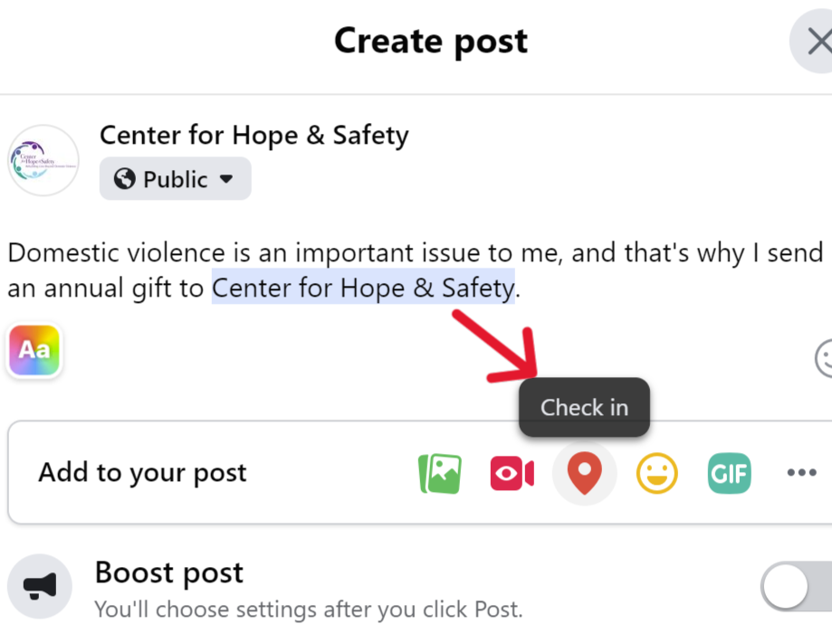 Check in to Center for Hope & Safety in Facebook post