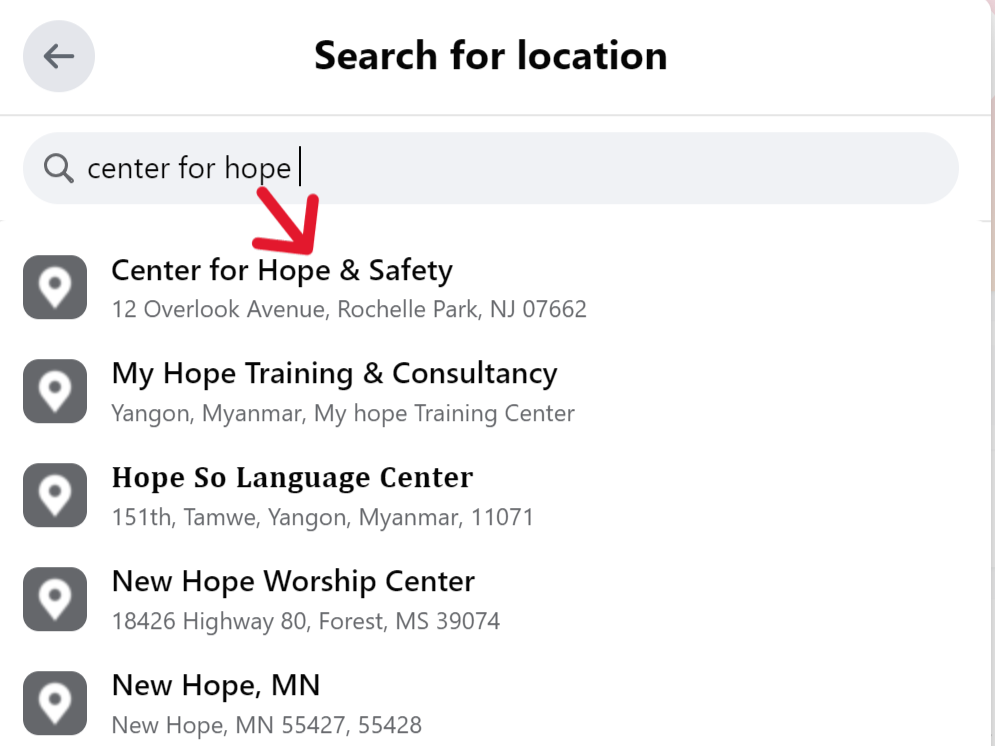 Select Center for Hope & Safety in location dropdown menu on Facebook