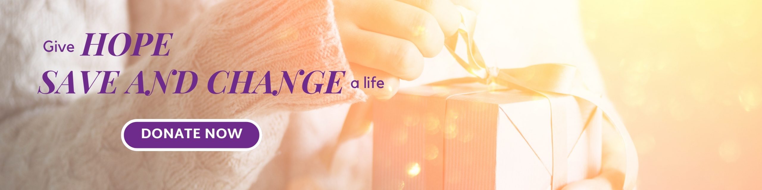 Photo of female hands opening gift with bow; text overlay "Give HOPE, SAVE AND CHANGE a life"