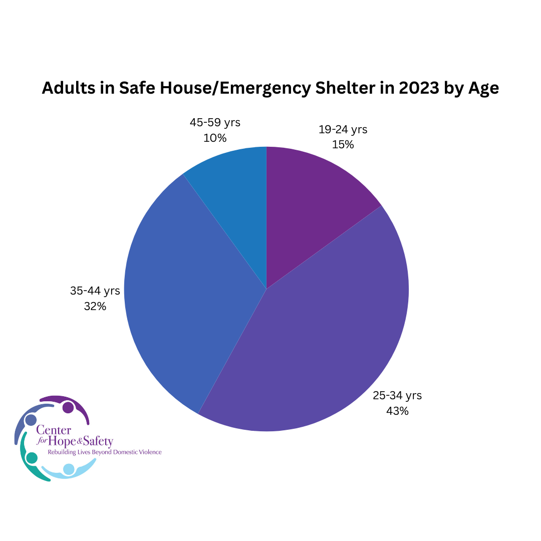 Pie chart showing number of adults by age provided emergency shelter by Center for Hope & Safety in 2023