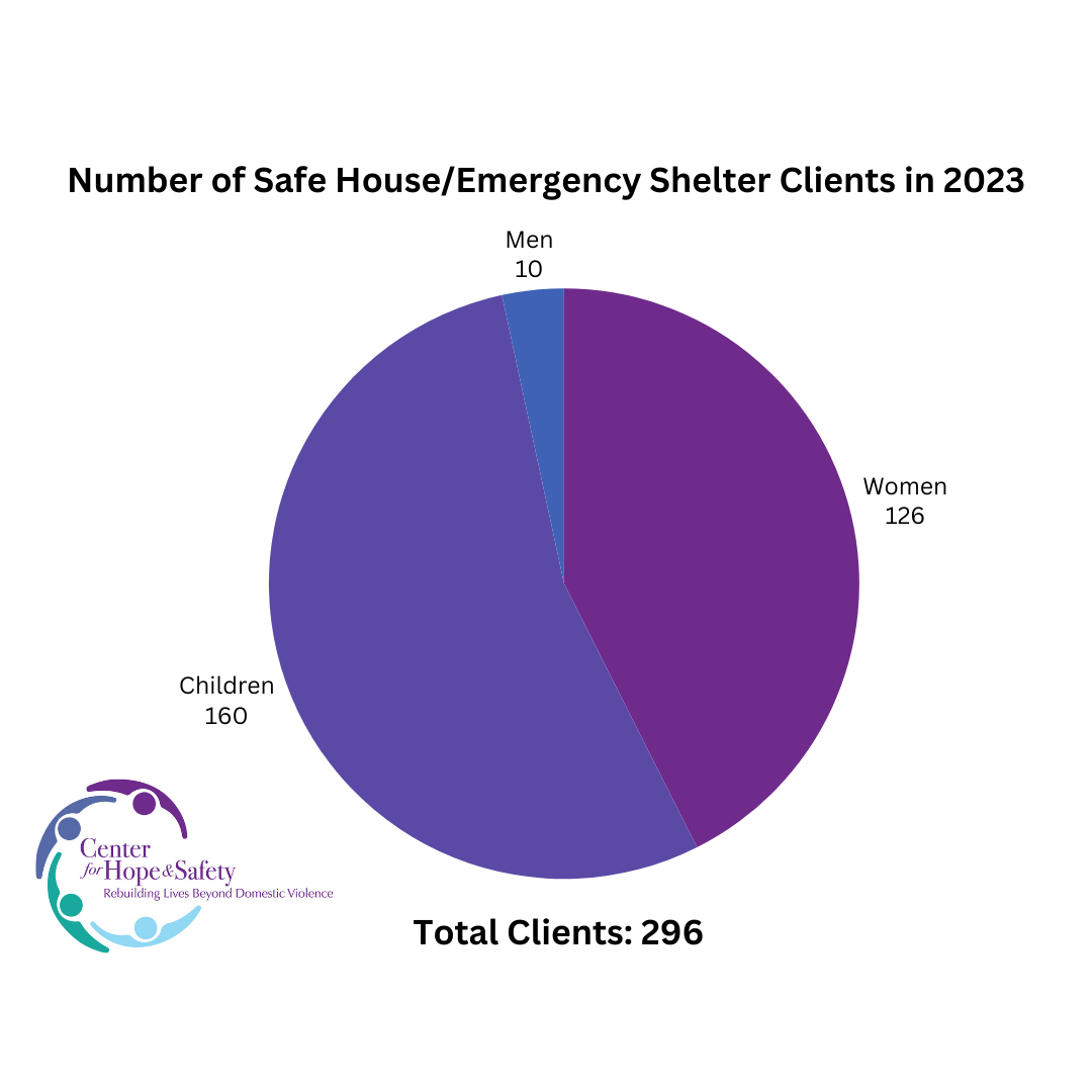 Pie graph showing the number of clients provided emergency shelter by Center for Hope & Safety in 2023