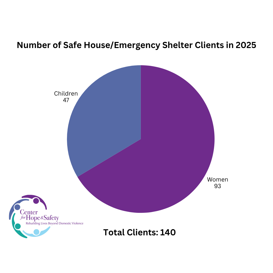 Pie graph showing the number of clients provided emergency shelter by Center for Hope & Safety in 2023